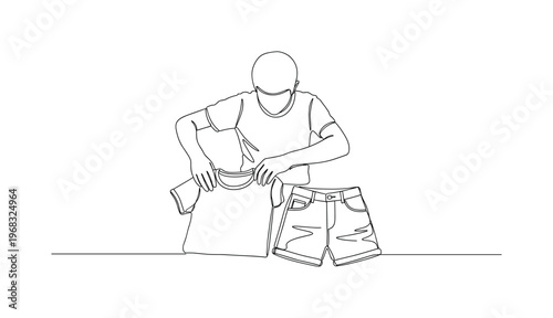 Folding Summer Clothes. Minimalistic one-line drawing person folding lightweight shirts and shorts for storage, continuous single black line on white