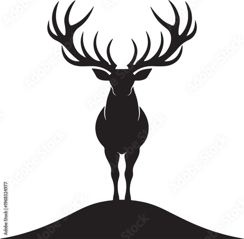 A black silhouette of a deer with large antlers on a hill