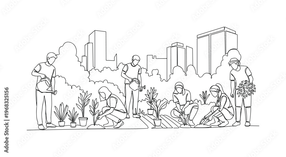 Fototapeta premium Urban Oasis Scene. Minimalistic one-line drawing people planting, watering, and harvesting in city green area, continuous single black line on white