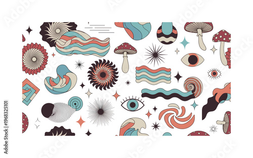 trance art patterns seamless pattern, repeating pattern, surface design, textile print, modern illustration of fractals, spirals, waves, mushrooms, cosmic