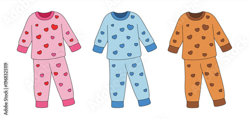 Vector illustration of pyjamas with hearts, featuring a cozy and cute clothing design in a clean flat vector style, suitable for sleepwear branding, textile patterns, children’s products