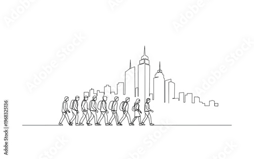 Urban Migration. Minimalistic one-line drawing people walking toward city skyline with buildings in the background, continuous single black line on white