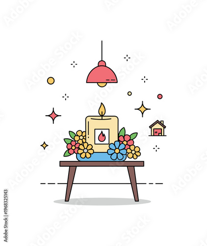 Candle centerpiece cozy home concept where a candle flickers on a small table surrounded by flowers while tiny sparkle and star icons highlight relaxation,