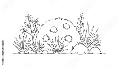 Shrub in Garden Scene. Minimalistic one-line drawing bush with surrounding plants and leaves, continuous single black line on white background, simple outline
