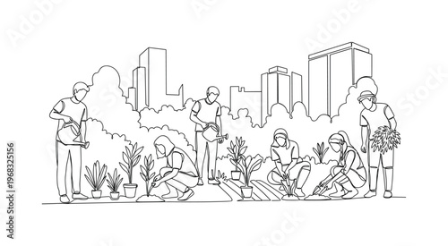 Urban Oasis Scene. Minimalistic one-line drawing people planting, watering, and harvesting in city green area, continuous single black line on white