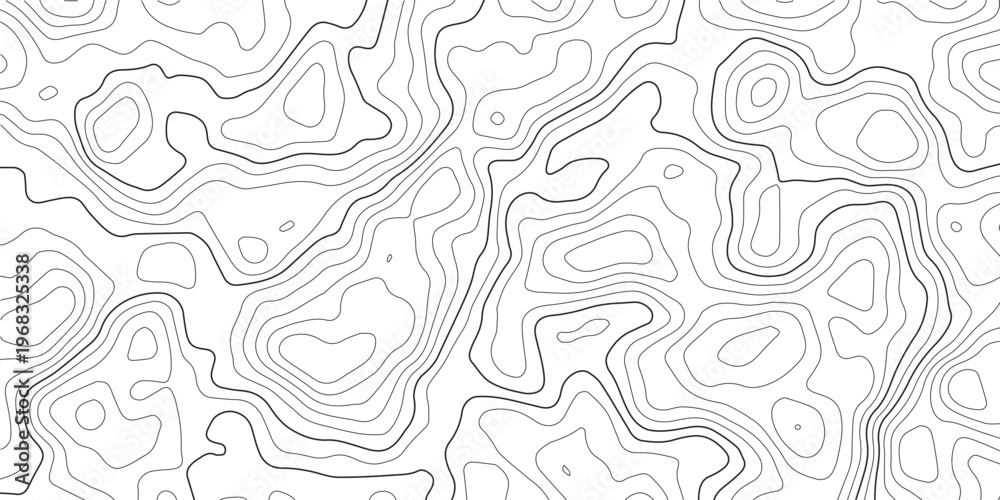 Fototapeta premium Topographic map pattern with black contour lines on a white background representing elevation changes and terrain geography in a repeating style