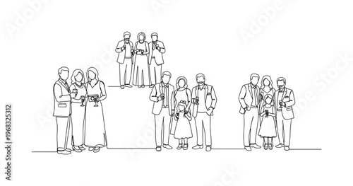 Family Celebration. Minimalistic one-line drawing guests smiling, chatting, and taking photos at formal event, continuous single black line on white