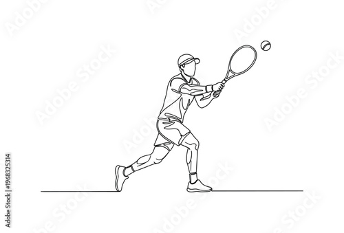 Racquet Play. Minimalistic one-line drawing player moving to intercept ball mid-court, continuous single black line on white background, simple outline style,