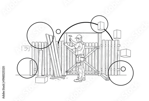 outdoor DIY circular frames abstract blocks and thin hammer icons detailed monochrome person assembling and securing wooden gate in backyard fence with white