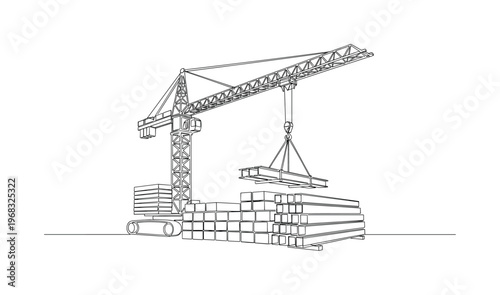 Industrial Lifting Crane. Minimalistic one-line drawing crane lifting construction components overhead, continuous single black line on white background,