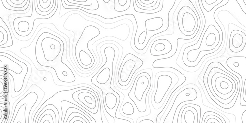 Topographic map contour lines pattern with thin grey strokes on a white background representing elevation data and geographical terrain mapping 3