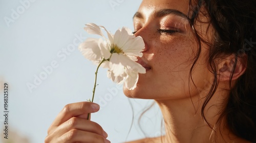 Young woman with curly hair holds a white flower close to her face, enjoying the fragrance against a soft blue background, natural light illuminating her features