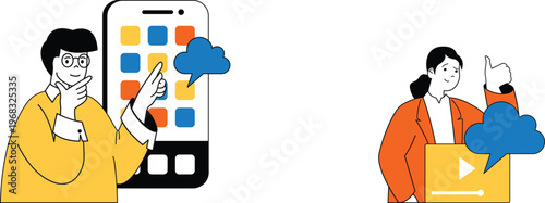 Two individuals engaging with digital content through mobile app and video platform for cloud-based communication