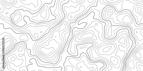 Topographic map pattern with black contour lines on a white background representing elevation changes and terrain geography in a repeating style
