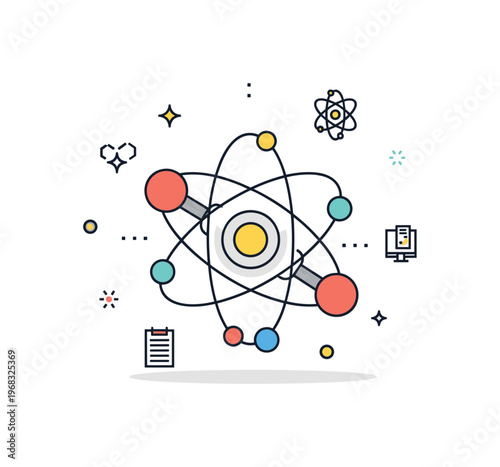 Chemical element molecule concept where an atom or molecule is displayed with bonds while tiny sparkle and star icons highlight chemistry, structure, and