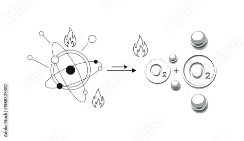 oxidation reaction circular shapes thin lines and abstract flame icons realistic monochrome oxygen participating in chemical reaction producing energy or fire