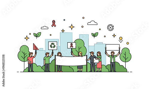 Environmental activism protest scene where people hold signs and banners in a green urban park while small sparkle and leaf icons emphasize awareness, action,