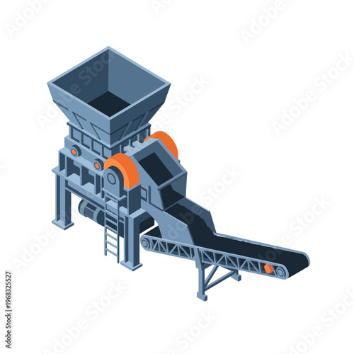 Isometric Illustration of a Heavy Duty Industrial Rock Crusher Machine.