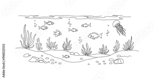 Underwater Seascape. Minimalistic one-line drawing seabed with plants, rocks, and swimming marine life, continuous single black line on white background,