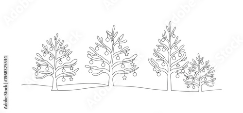 Festive Winter Scene. Minimalistic one-line drawing snow-covered trees with holiday decorations, continuous single black line on white background, simple