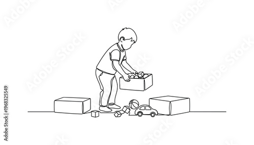 Playroom Cleanup. Minimalistic one-line drawing child tidying up toys on floor into storage boxes, continuous single black line on white background, simple