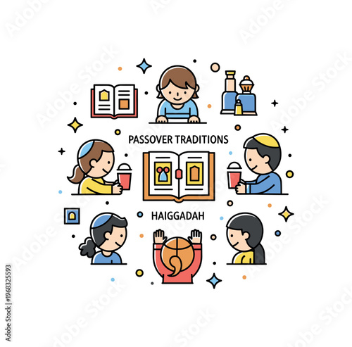 Passover traditions storytelling for children concept where kids gather around a Haggadah while tiny sparkle and star icons highlight learning, culture, and