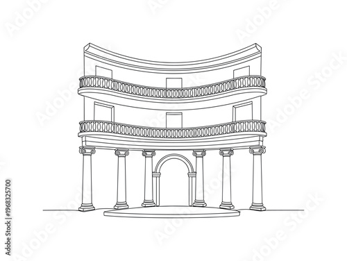 Cultural Theater. Minimalistic one-line drawing classical theater building with balconies and columns, continuous single black line on white background, simple