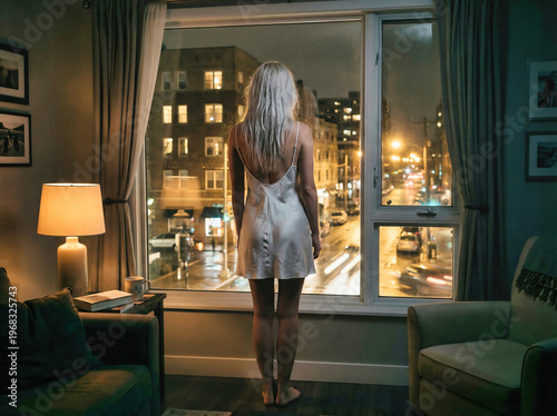 Rear view of young woman in satin nightgown looking at glowing city lights from a cozy apartment at night