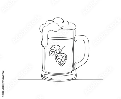 Craft Beer. Minimalistic one-line drawing frothy beer mug with small hops illustration, continuous single black line on white background, simple outline style,