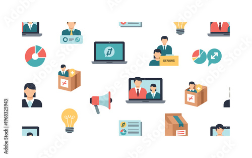 crowdfunding icons seamless pattern, repeating pattern, surface design, textile print, modern illustration of project creators, donors, laptops, lightbulbs,