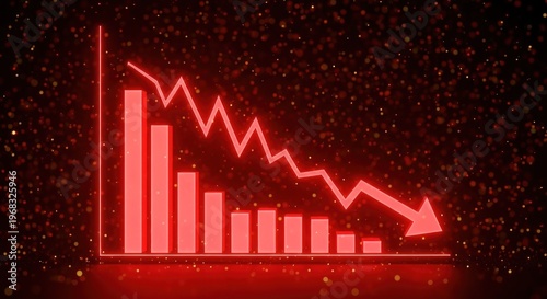 A declining bar graph with a downward trend line and arrow shows business data falling on a dark background with red illumination.
