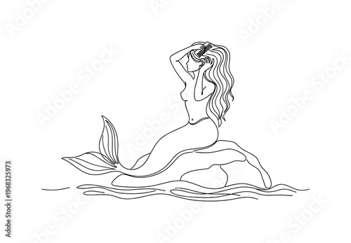 Sea Creature Beauty. Minimalistic one-line drawing mermaid brushing hair while sitting on rock near waves, continuous single black line on white background,