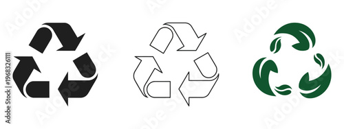 Recycle icon set, ecology, eco-friendly, and environmental management symbols, simple black and white vector sketches