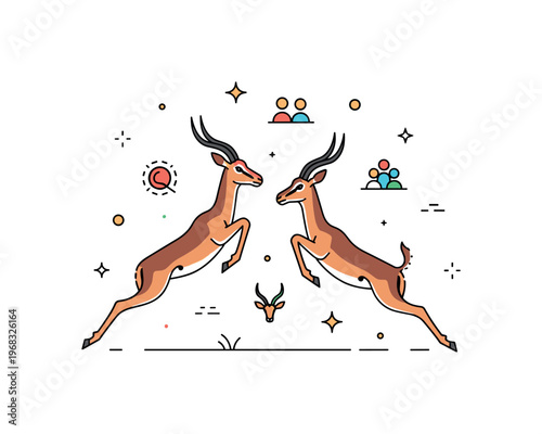 Impalas jumping in playful interaction concept where two impalas leap and play together while tiny sparkle and line icons highlight social behavior, agility,