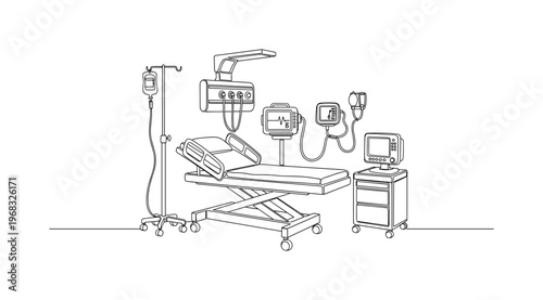 Labor Ward. Minimalistic one-line drawing delivery bed with medical equipment and monitors, continuous single black line on white background, simple outline
