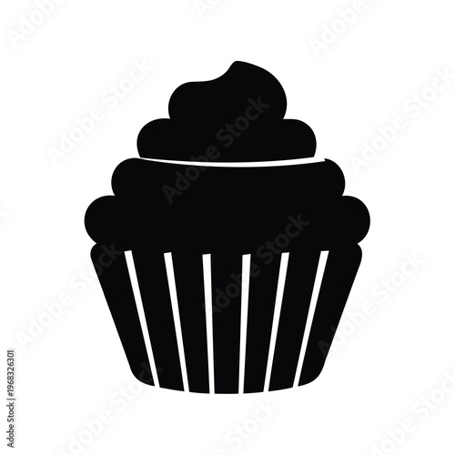 Minimalist illustration of a decadent black cupcake with creamy frosting swirl