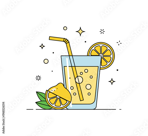 Drinking cold lemonade straw and slice scene where a glass is garnished with lemon and a straw while small sparkle and line icons emphasize
