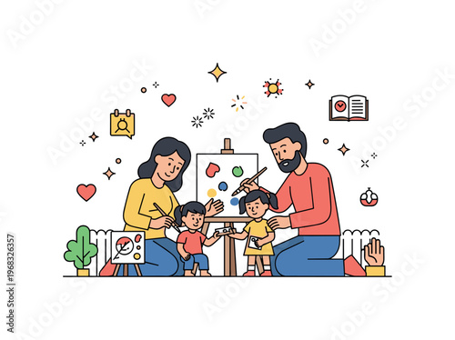 Family in the backyard arts and crafts scene where children and parents paint or craft together while tiny sparkle and heart icons highlight creativity,