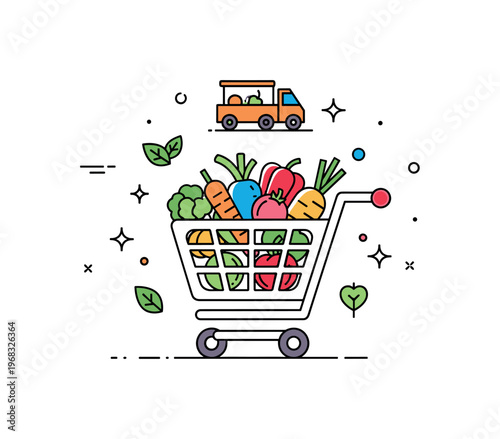 Cart grocery delivery concept where a cart is loaded with fresh produce while small sparkle and leaf icons emphasize freshness, transport, and practical