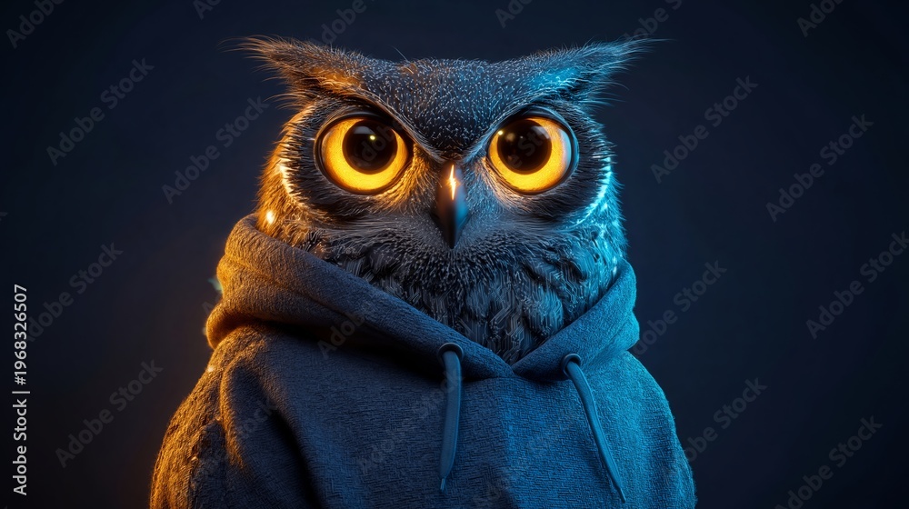 Fototapeta premium Owl wearing a blue hoodie with large, expressive eyes, illuminated by soft lighting against a dark background, showcasing unique and whimsical character traits
