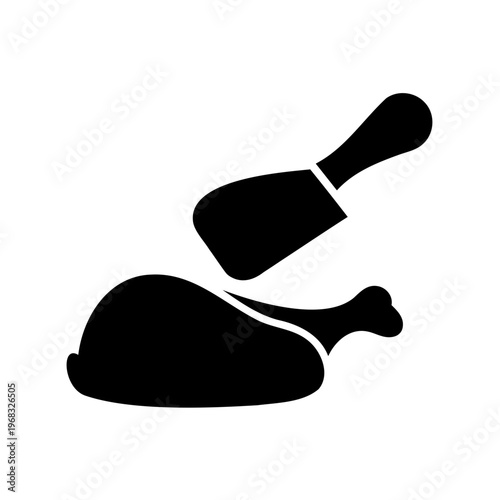 Monochrome depiction of poultry and a meat cleaver for carving illustration