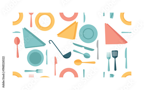 cutlery set icons seamless pattern, repeating pattern, surface design, textile print, modern illustration of forks, knives, spoons, serving utensils, plates