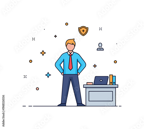 Person standing strong business confidence scene where a professional stands tall in a modern office while small sparkle and line icons emphasize leadership,