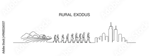 Rural Exodus. Minimalistic one-line drawing individuals leaving countryside for city, continuous single black line on white background, simple outline style,