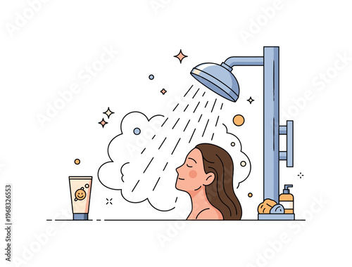 Taking a shower steam-filled bathroom scene where warm water flows over a person in a modern shower space while tiny sparkle and star icons highlight wellness,