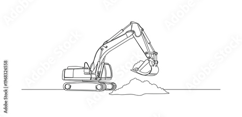 Digging Operation. Minimalistic one-line drawing excavator arm lifting soil at worksite, continuous single black line on white background, simple outline