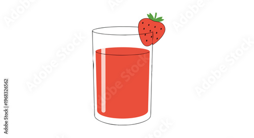 A refreshing glass filled with vibrant red strawberry juice, adorned with a fresh strawberry slice on the rim, perfect for a healthy summer