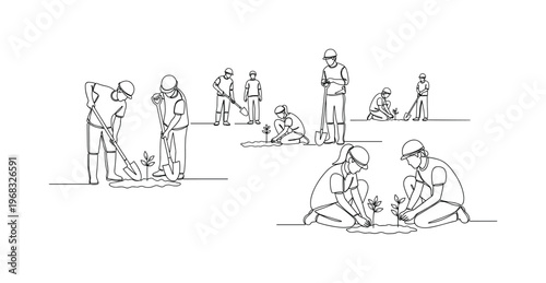 Reforestation Scene. Minimalistic one-line drawing volunteers digging and planting saplings in open space, continuous single black line on white background,