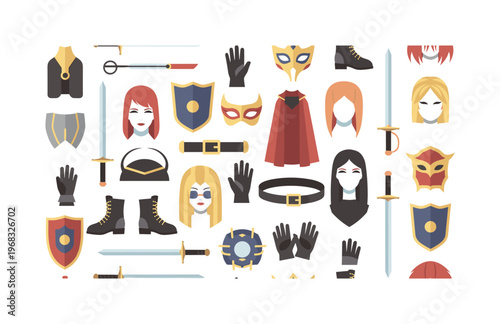 cosplay character motifs seamless pattern, repeating pattern, surface design, textile print, modern illustration of swords, shields, wigs, masks, gloves,