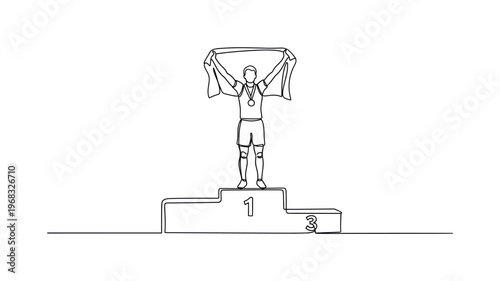 Champion Moment. Minimalistic one-line drawing individual on podium holding flag or medal in victorious pose, continuous single black line on white background,